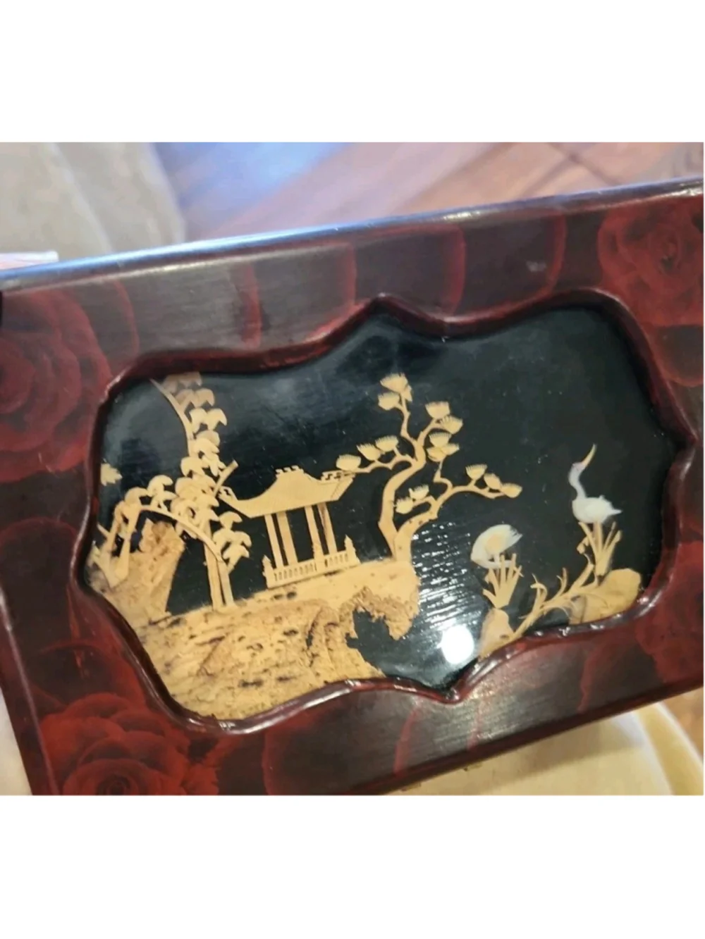 Vintage Oriental Jewelry Box Cork Scene Wood Frame 6x4x2in